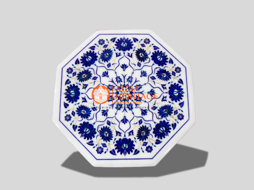 White Marble Lapis Lazuli Inlay Floral Art Corner Table Top